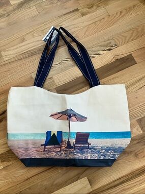Bahamas Canvas Beach Tote with Navy Straps and Seaside Print